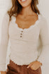 Lace Trim Button Henley Lettuce Edge Ribbed Top